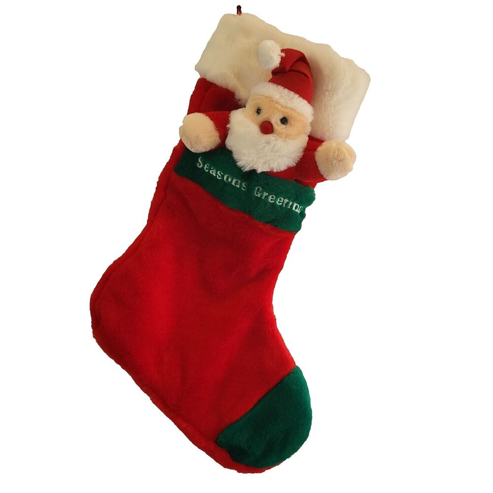 Vintage Plush 3D Santa Claus Christmas Stocking Red Green Seasons Greetings
